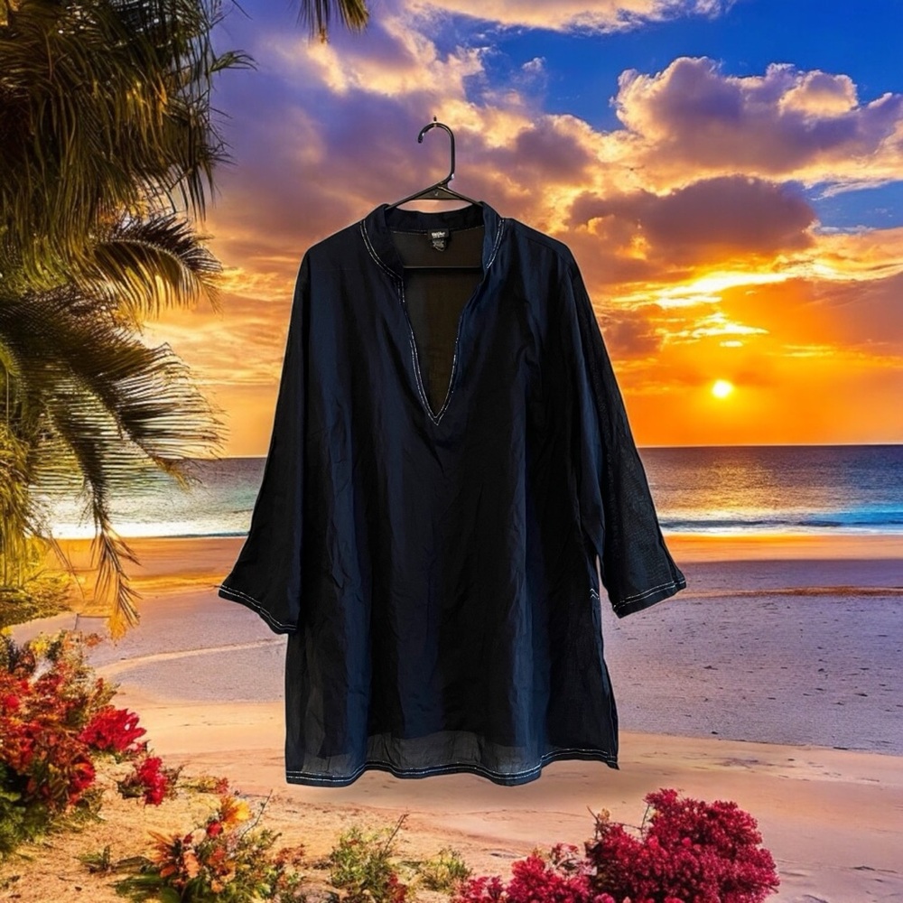 Mossimo Black Cover-Up Tunic Top with Metallic Silver Accent Stitching